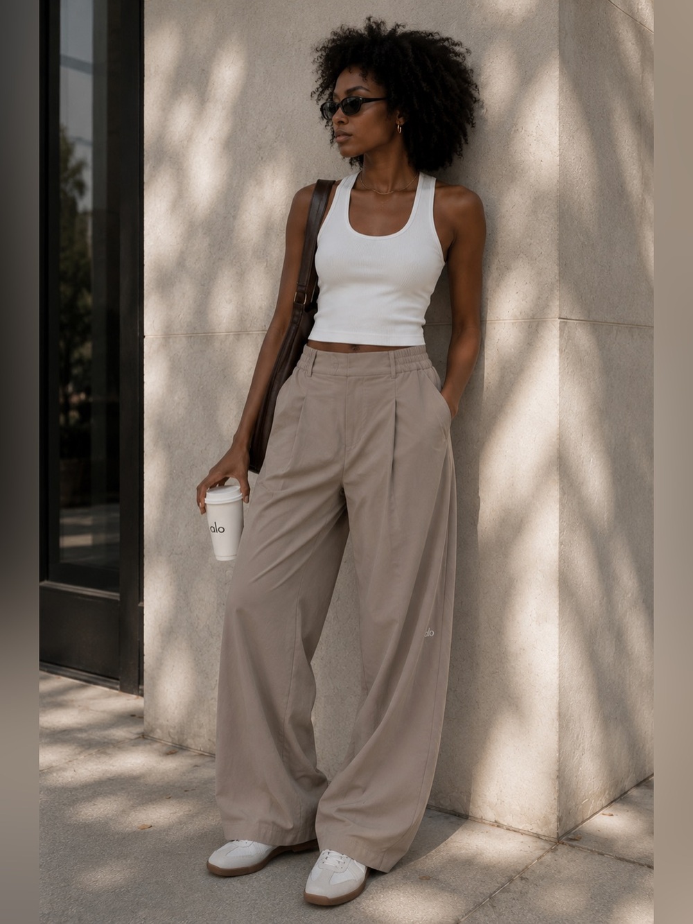 Alo Yoga High-Waist Wide Leg Trouser Pants Taupe Mushroom L